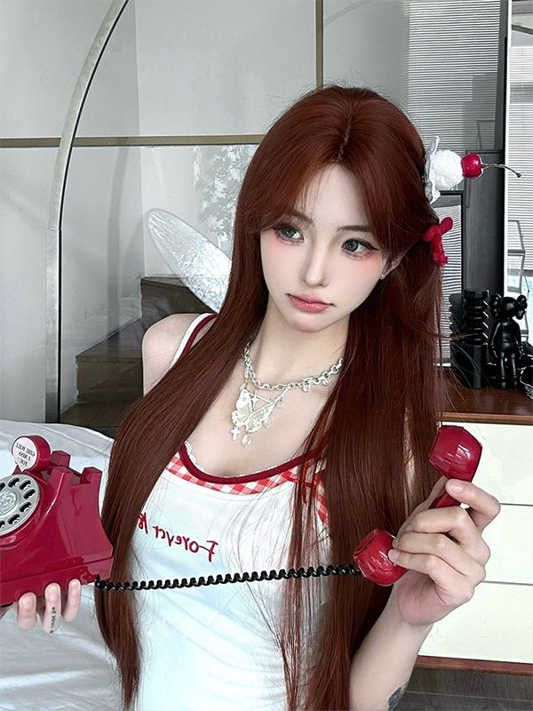 赤みがかった茶色のロングストレート合成ウィッグ（前髪付き）