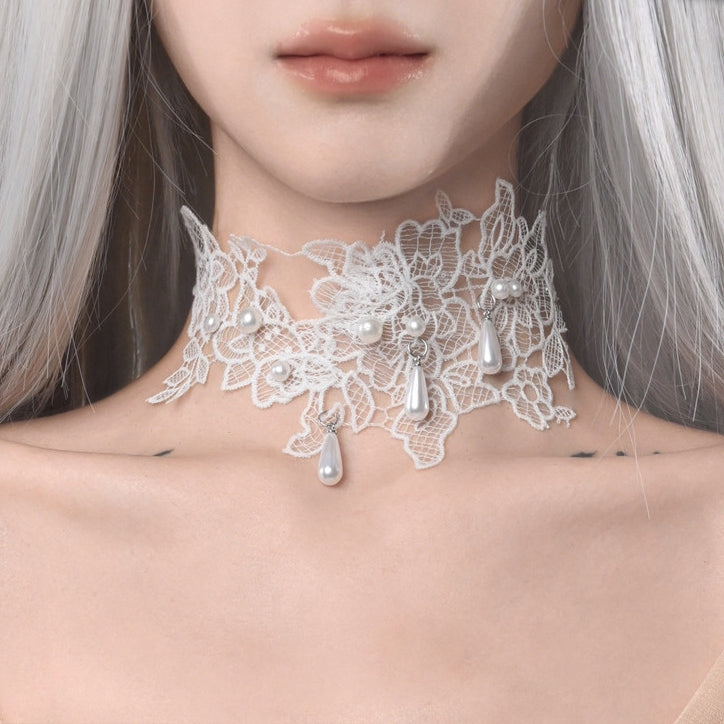 Weiße Choker-Details, Perlen-Spitzen-Applikation
