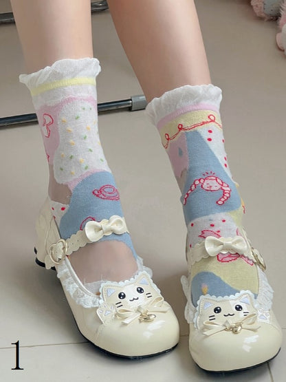 Manschettenoptionen Bunte Lolita Süße Socken Kalb 4 Rüschen
