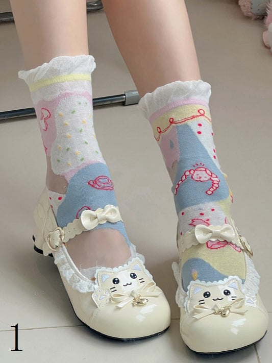 Manschettenoptionen Bunte Lolita Süße Socken Kalb 4 Rüschen