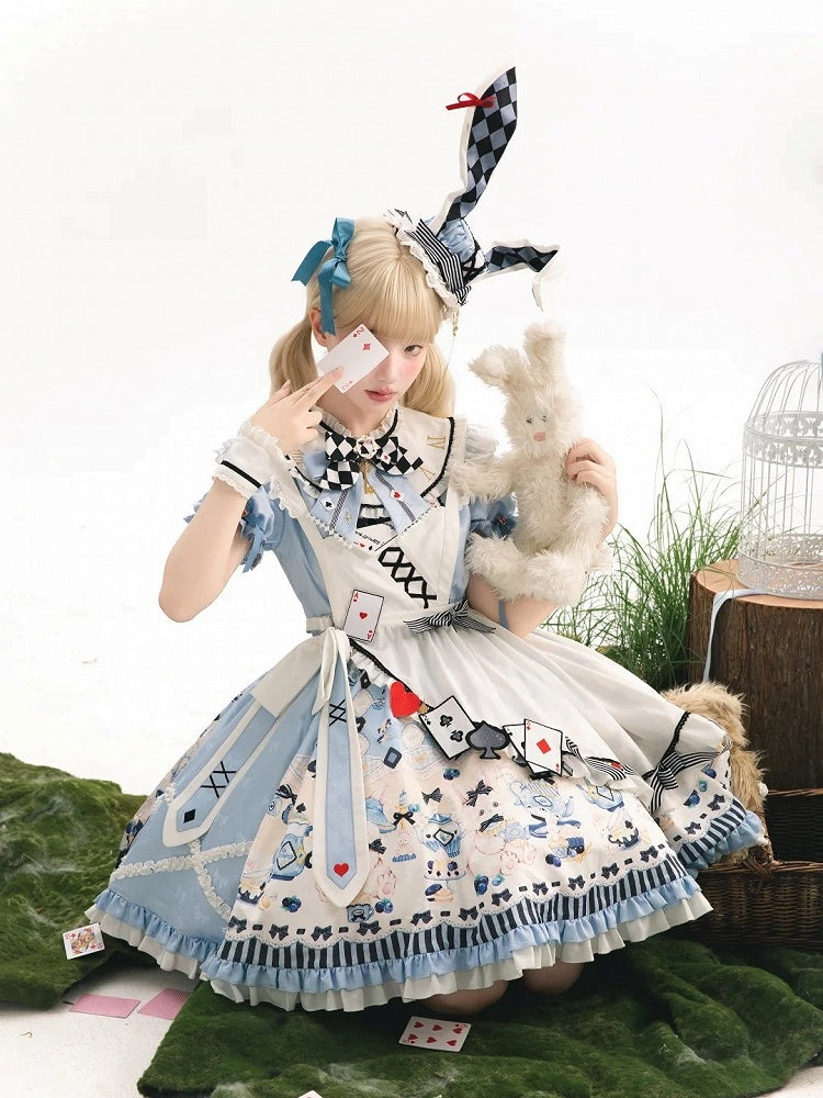 Sweet Lolita Apron Dress OP Full Set with Bunny & Teapot Print in Blue - Ying Luo Fu