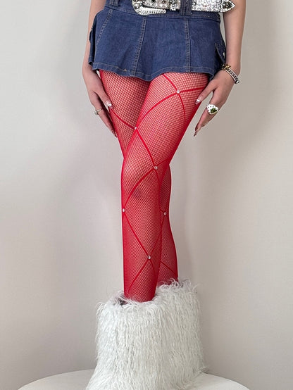 Crisscorss Banded Rhinestone Decorated Black/White/Red Tights