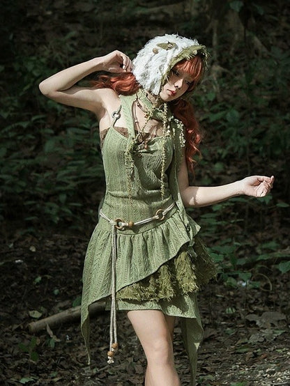 Halter Neck Sleeveless Dress with Asymmetric Hem - Tan Tuan
