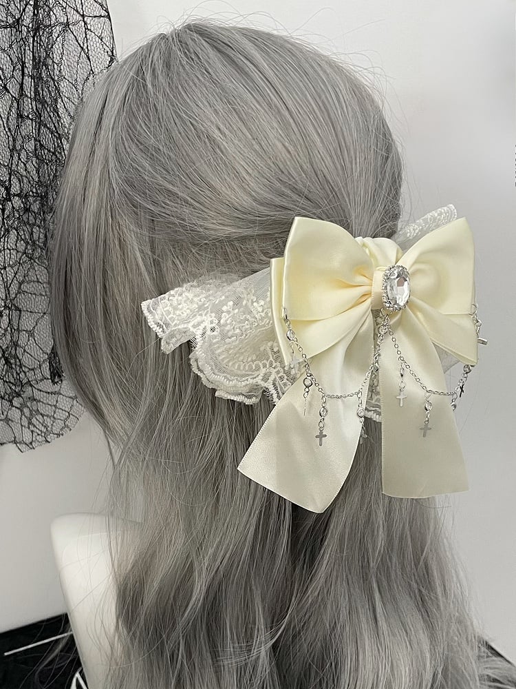 Verziert Strass Haar Kreuz Bowknot Charm Trim Krawatte Schwarz/Beige Spitze