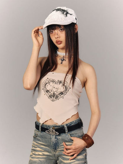 Apricot with Swan Studded Y2K Top Punk Layered Print Crop Neck Hem Strapless Triangle