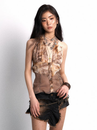 Punk Hem Fleece Button Patchwork with Top Detail Khaki Rhinestone Halter