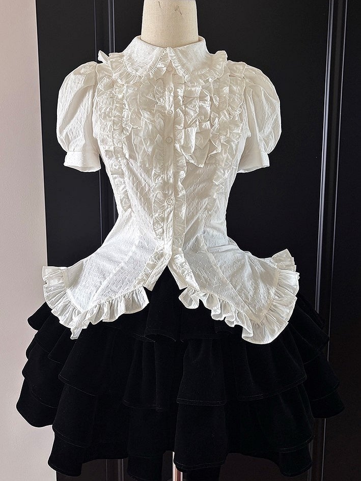 Trim Puff-Sleeve Collar White Blouse Ruffle