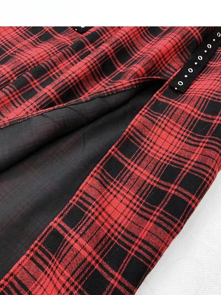 Dress Thigh-high Pattern Red Lace-up Plaid Slit Glamorous Detail Y2K