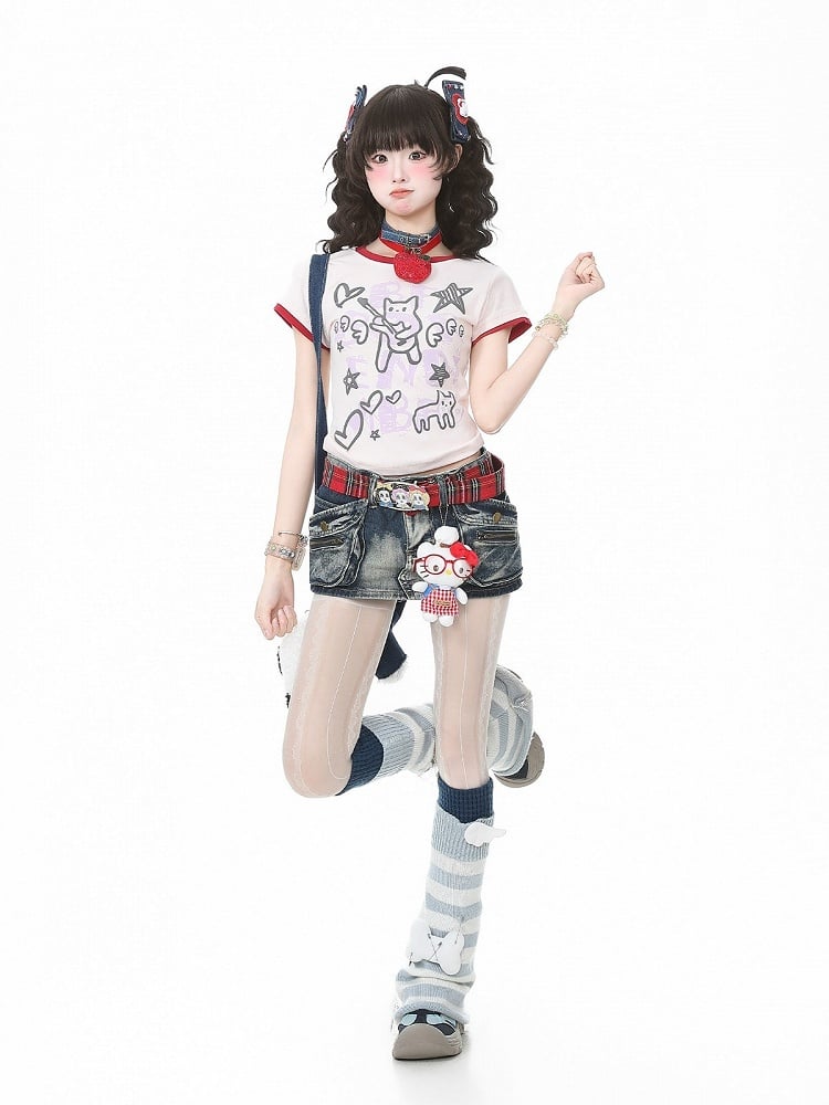 Pink Crew Neck Short Sleeve T-Shirt with Graffiti Prints - Languid Park