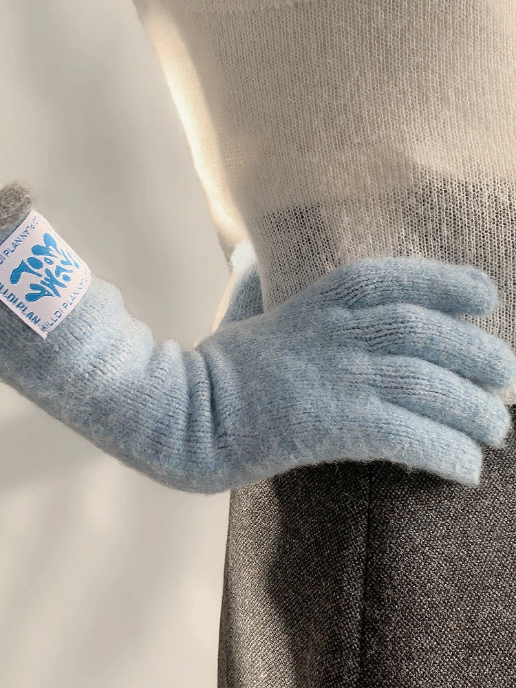 (4 Contrast Wool-Blend Cuffs Gloves Long Knit with Colors)