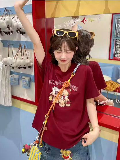 Cartoon Bear Print Wine Red Round Neck T-shirt Loose