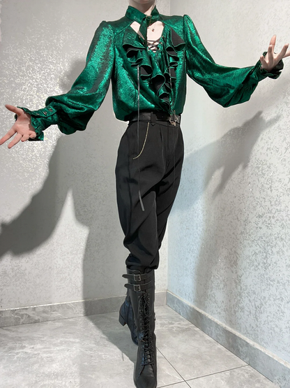 Pirate Bodice Long Cascading Shirt Ruffle Sleeves Green Ouji Lolita Vibes