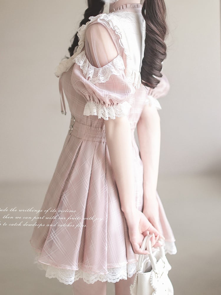 Cutout Neck Kei with Pink Lace Plaid Lace-up Dusty Jirai in Style White Shoulder Dress Details