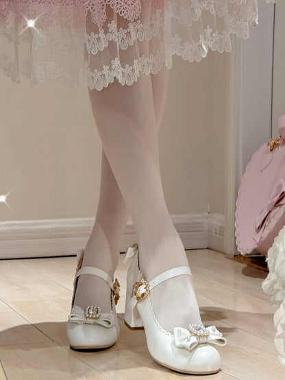 ラウンドロリータラインストーンメリートゥ装飾ディテールホワイト＆ビーズボウノットジェーンズシューズ