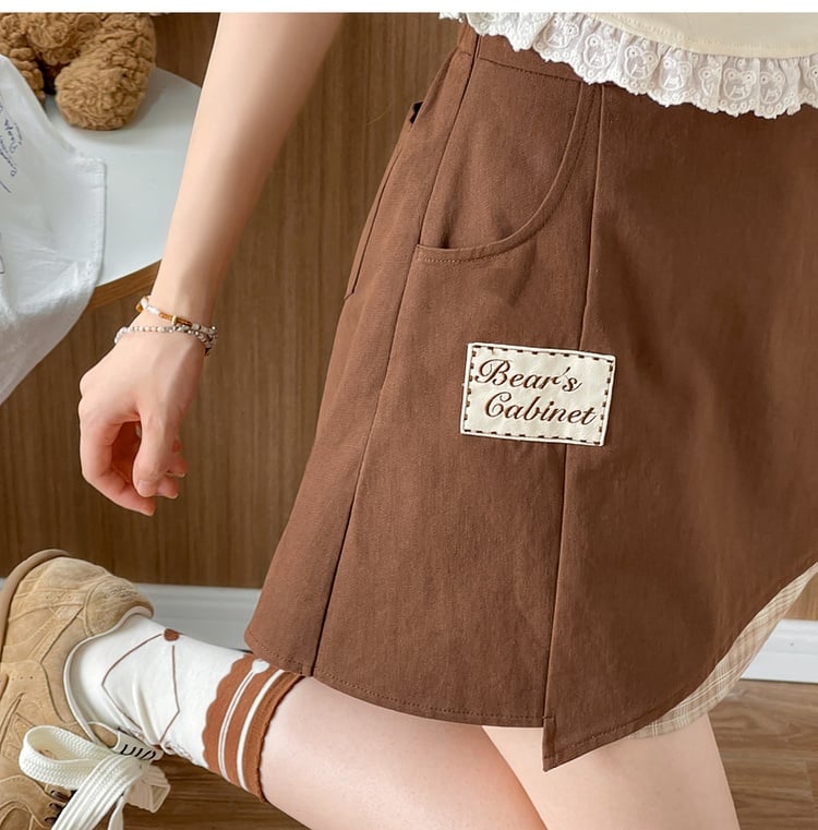 Plushie Brown Letter Embroidery Applique Plaid Skirt with Hem Bear