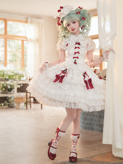 ホワイトストロベリープリンセスレイヤードフリルドレス、取り外し可能なパフスリーブ付きスイートロリータジャンパースカート