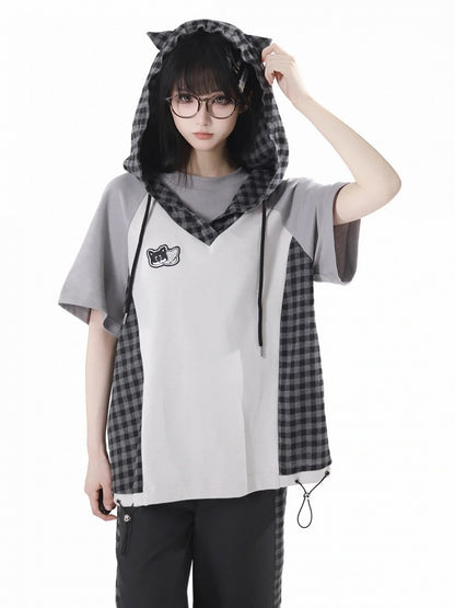 Techwear T-Shirt Plaid Patchwork Design Wolf Stickerei Wolf Ohren Kapuze Grau