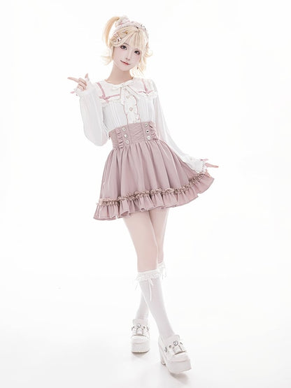 Beaded Collar Long Lace Shaped Pink Kei Sleeve and Heart Square Buttons Jirai with Blouse: