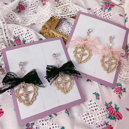 Pendant Heart 2 Bow Studs with Ear Lace Cross Options