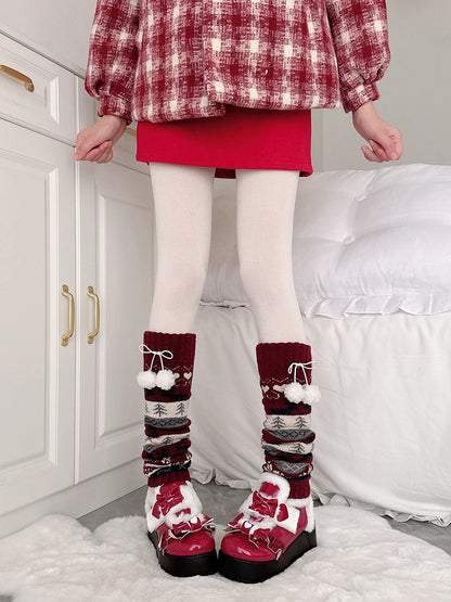 with Decorations Pattern Red Pom-pom Leg Leaf Knitted Warmers Wine