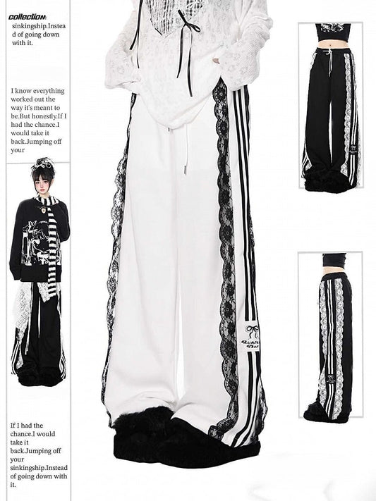 White/Black/Blue Wide-Leg Pants with Lace Trim and Bow Embroidery