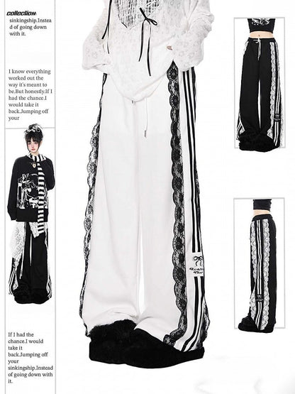 Embroidery White/Black/Blue with Lace Wide-Leg and Bow Pants Trim