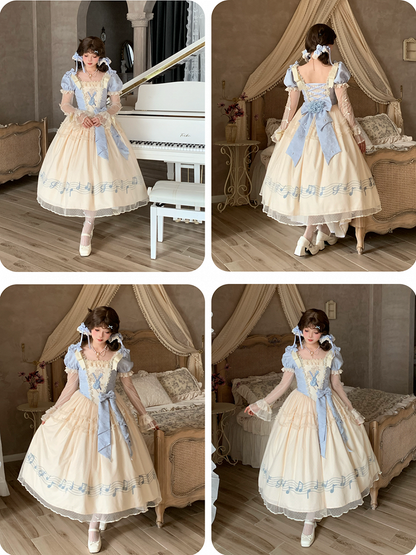Dress Blue Version Print Lolita Elegant Note Beige Lace Violin Classic with Embroidery Long Musical