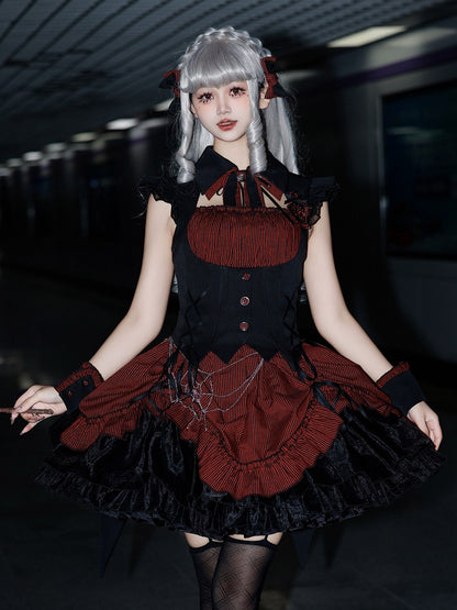 Hem Drawstring Lolita Halloween Gothic Boned and Black Pattern Waist Striped Red Dress