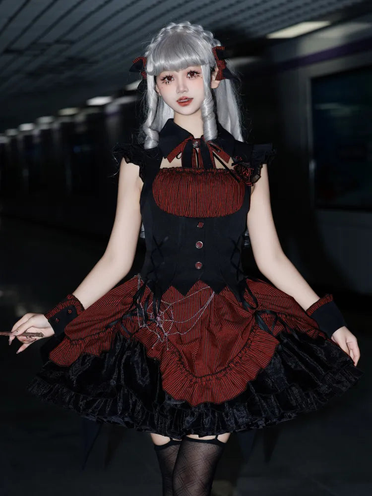 赤と黒のボーンウエストドローストリングストライプ柄裾ハロウィンゴシックロリータドレス