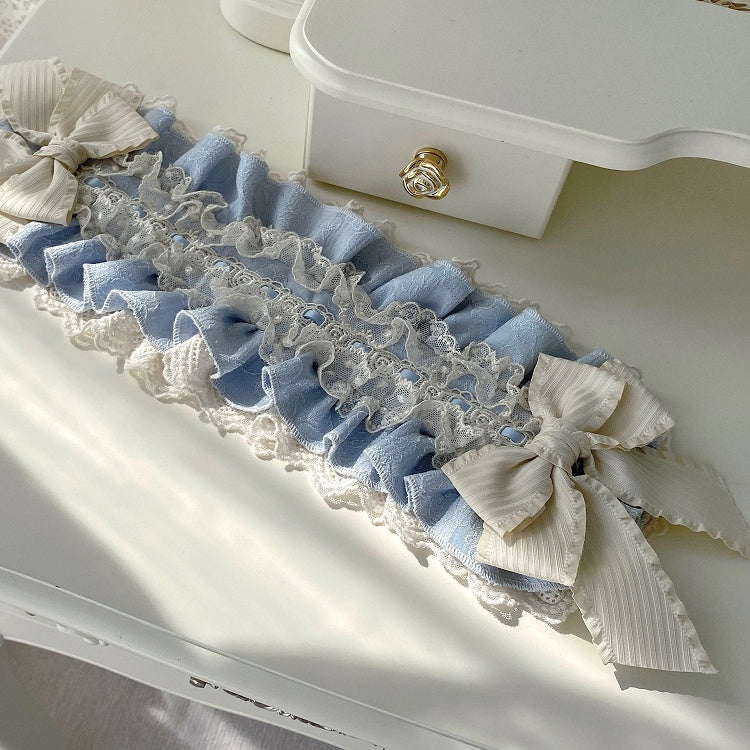 Hairband Beige Ruffled with Lolita Blue Bow Elegant Accents