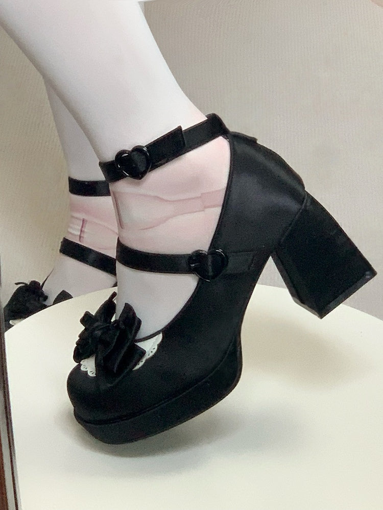 Bow Satin Lolita Ankle Shoes with Detachable Strap Hem Scalloped in Black High-heel Mary Sweet Jane Details