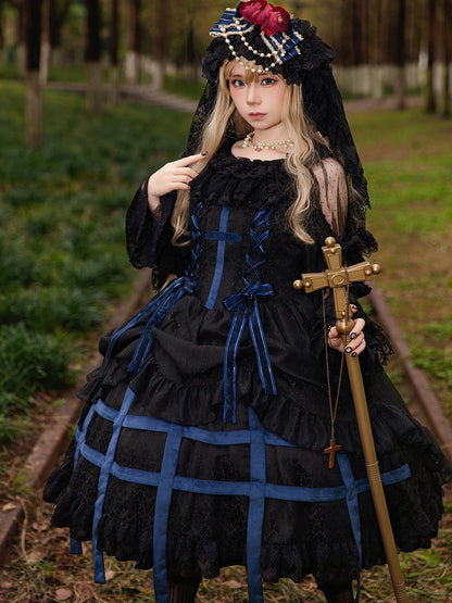 Cross JSK Accents with Gothic Black Birdcage Lolita and Blue Dress