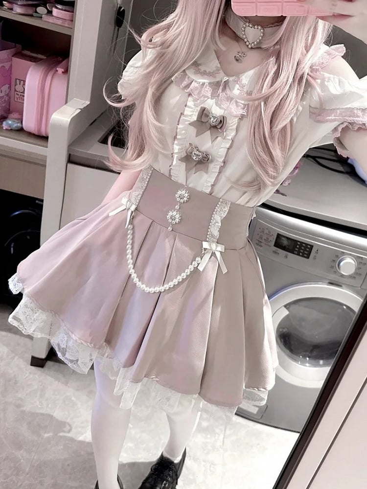 Chain Detachable Pink Skirt Round with Tiered Rhinestone Jirai and High Beaded Waist Kei Accents