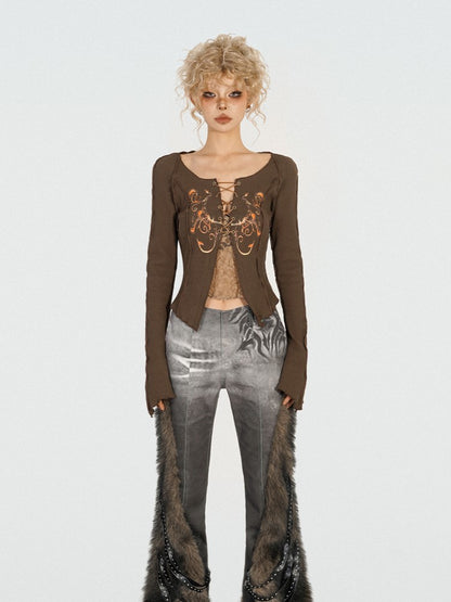 Vintage Top Patch Knit Front Coffee with Crossover Butterfly Off-Shoulder Lace-Up