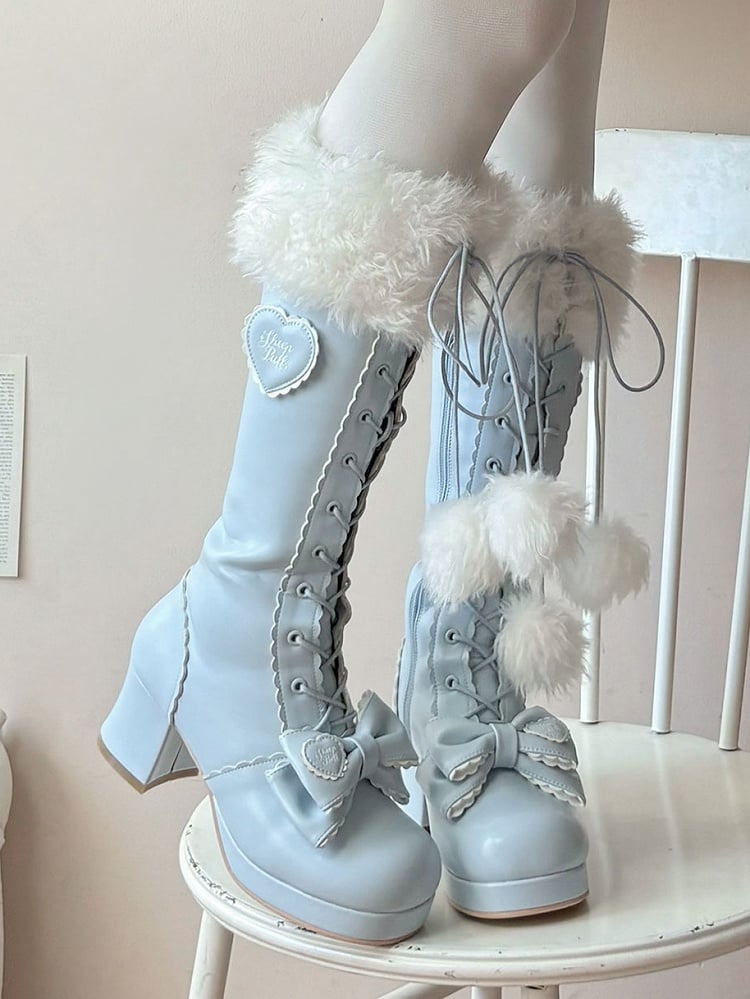 with PU in Cuff Plush Knee-Highs Blue Mid-heel