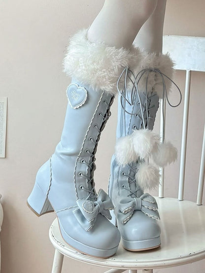 with PU in Cuff Plush Knee-Highs Blue Mid-heel