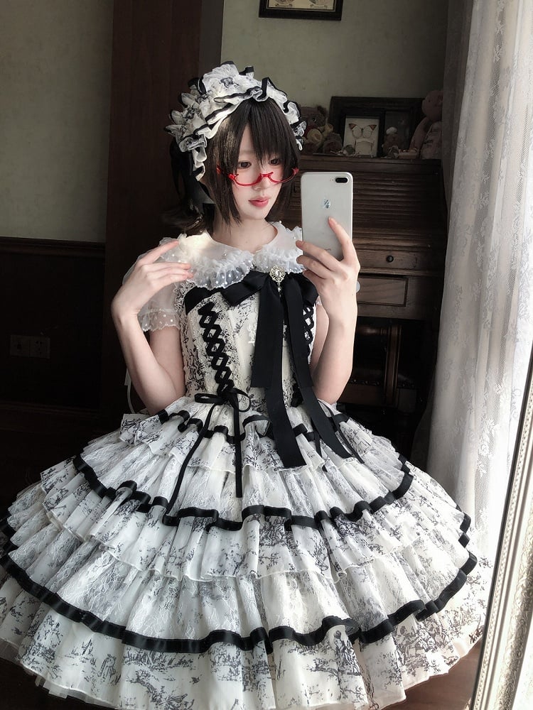 Elegant Hanayome-Style Black & White Porcelain-Inspired 92CM-Length Lolita Princess Dress - Sleepless Star
