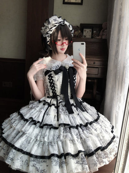 Elegant Hanayome-Style Black & White Porcelain-Inspired 92CM-Length Lolita Princess Dress - Sleepless Star