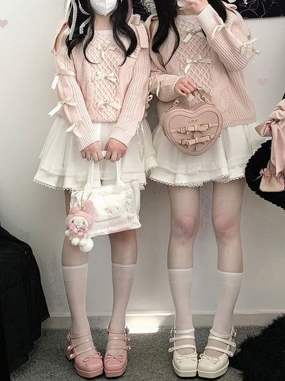 Blue Bow Accents Cutout Shoulder Landmine Style Sweater