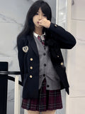 JK Dekoriert Blazer Blau Preppy Stil Abzeichen Uniform Dunkel