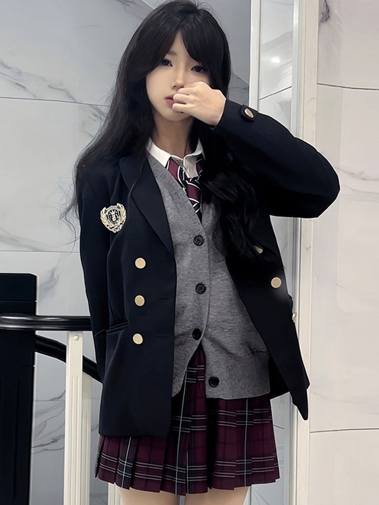 JK Dekoriert Blazer Blau Preppy Stil Abzeichen Uniform Dunkel