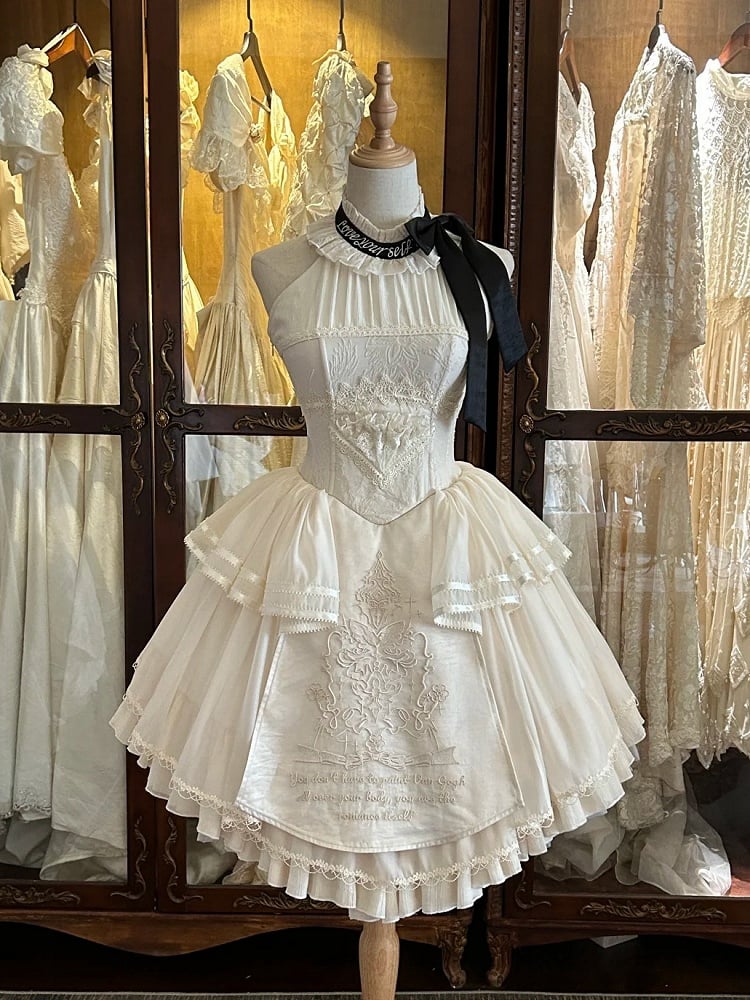 Lolita Neckholder Cremefarbene Detailstickerei Klassisches, zartes rückenfreies Kleid