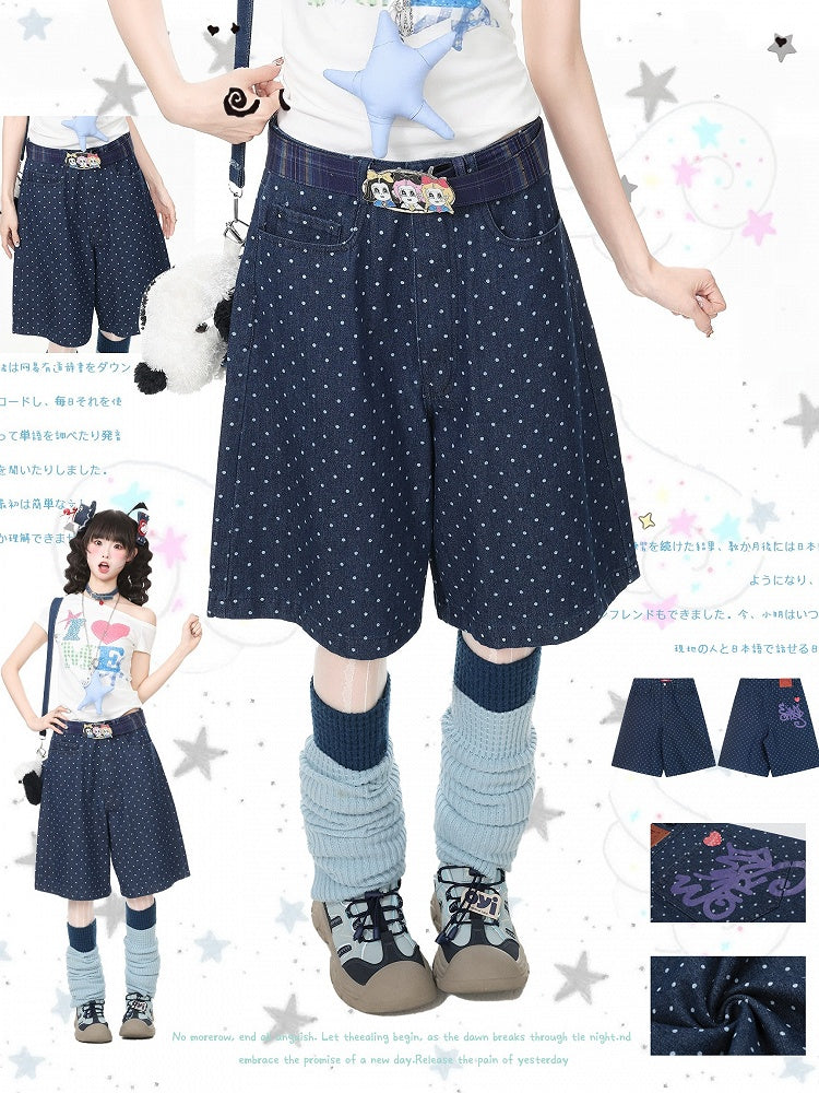 Dark Blue Wide Leg Denim Shorts with Polka Dot Pattern - Languid Park