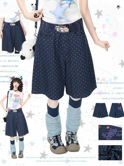 Dark Blue Wide Leg Denim Shorts with Polka Dot Pattern - Languid Park