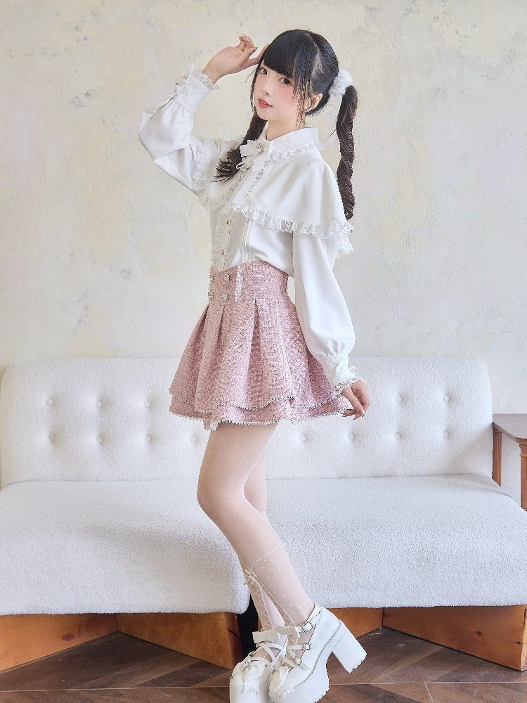 ツイードスカートウエストピンクジライケイハートラインストーンハイ