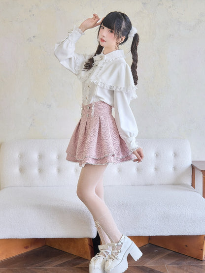 ツイードスカートウエストピンクジライケイハートラインストーンハイ