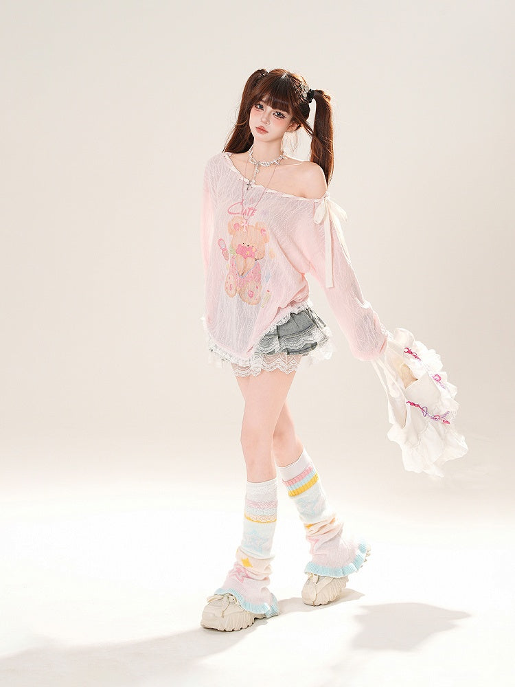 Ausschnitt-Überwurf, schulterfrei, entzückender Bärendruck, Rosa/Weiß, zum Selbstbinden