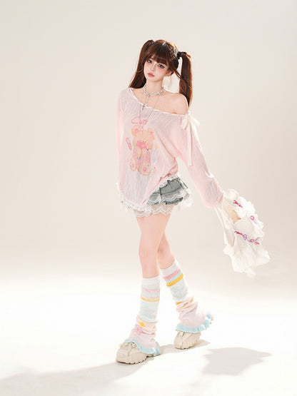 Ausschnitt-Überwurf, schulterfrei, entzückender Bärendruck, Rosa/Weiß, zum Selbstbinden