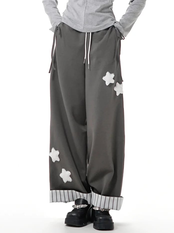 Gray/Black/Beige Plush with Rolled Star Cuffs Appliques Dark Sweatpants Striped