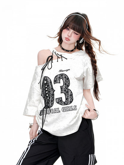 Lace-up Black/White Cutout Shoulder Letter Embroidery T-Shirt Shoulder Detail at